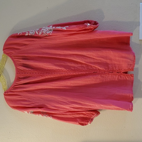 Johnny Was Embroidered Peacocks & Roses Coral Blouse - Picture 3 of 3